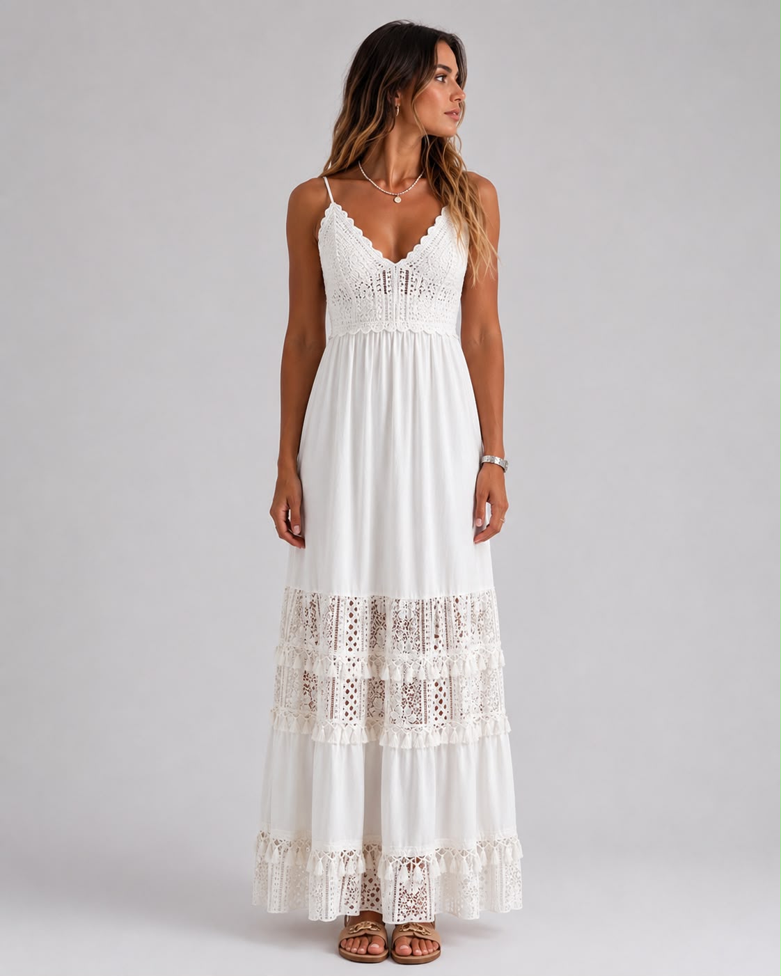 Robe Longue Bohème en Crochet et Dentelle à Bretelles Fines