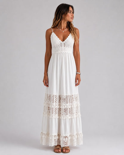 Robe Longue Bohème en Crochet et Dentelle à Bretelles Fines