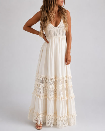 Robe Longue Bohème en Crochet et Dentelle à Bretelles Fines