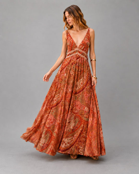 Robe Longue Bohème à Imprimé Cachemire et Décolleté Plongeant