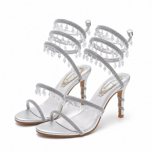 Sandales à Talons avec Bride Enroulée et Pampilles Élégantes