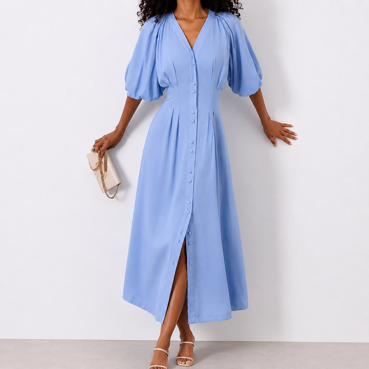 Robe Midi Élégante à Manches Bouffantes et Boutonnage Frontal