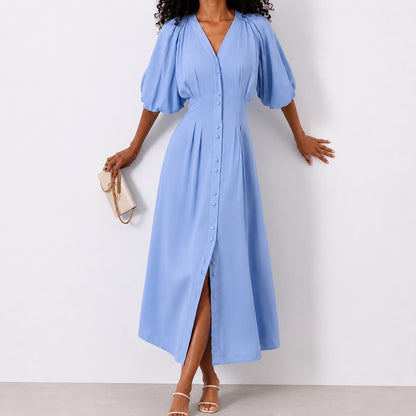 Robe Midi Élégante à Manches Bouffantes et Boutonnage Frontal