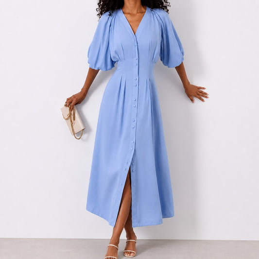 Robe Midi Élégante à Manches Bouffantes et Boutonnage Frontal