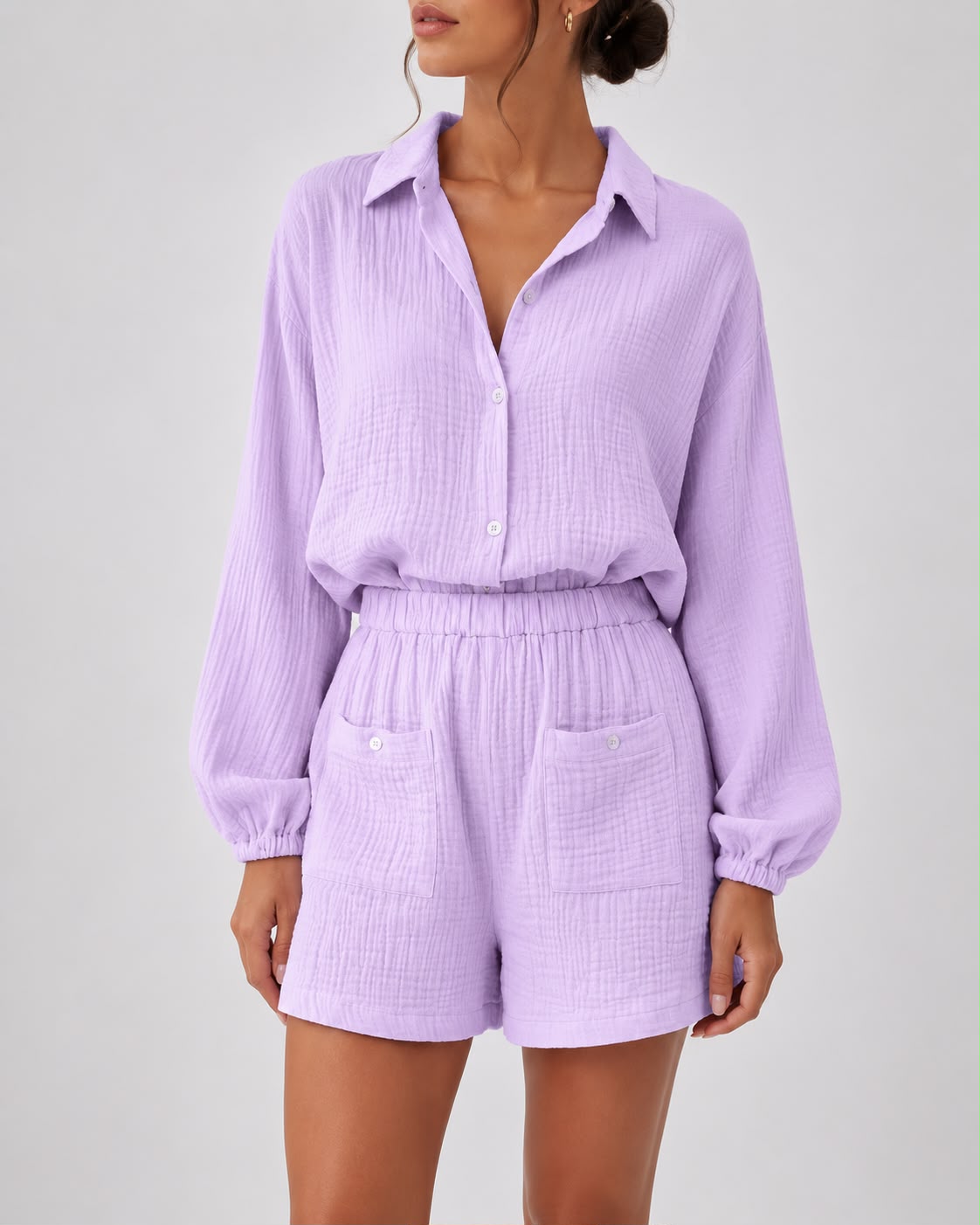 Combinaison Courte Texturée à Col Chemise