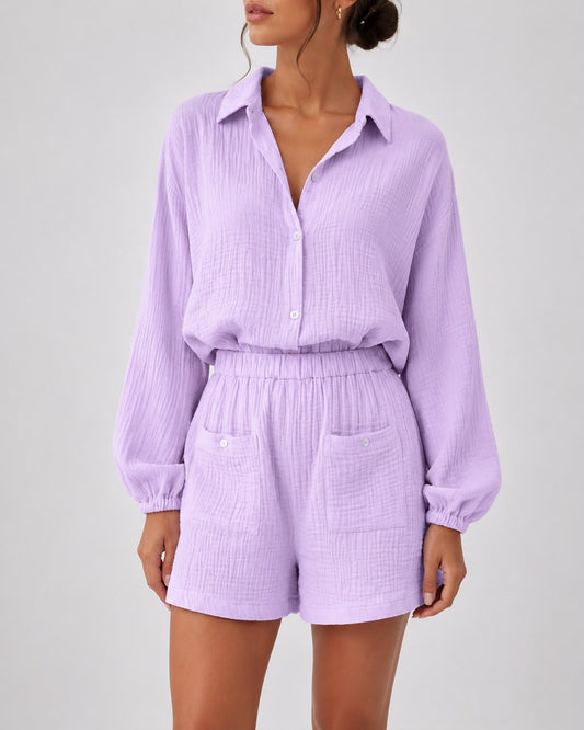 Combinaison Courte Texturée à Col Chemise