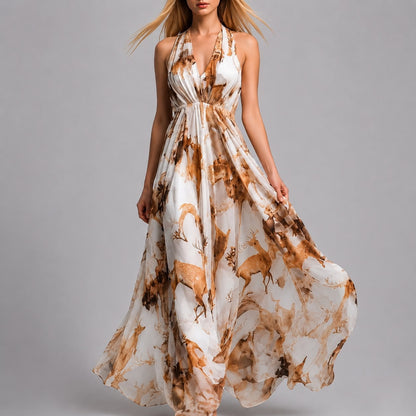 Robe Longue Fluide à Col Halter Imprimé Élégant