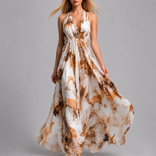 Robe Longue Fluide à Col Halter Imprimé Élégant