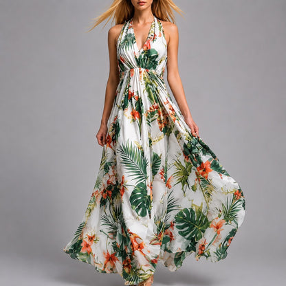 Robe Longue Fluide à Col Halter Imprimé Élégant