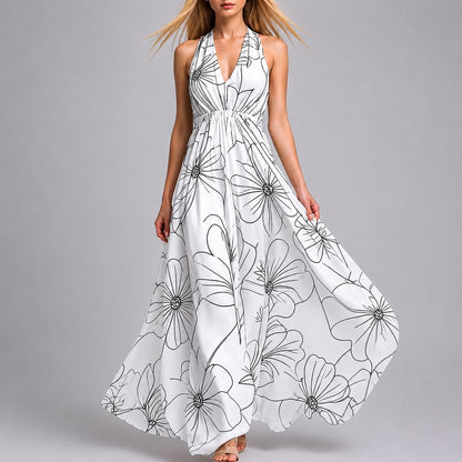 Robe Longue Fluide à Col Halter Imprimé Élégant