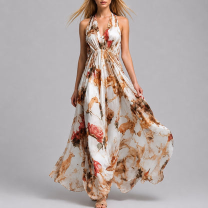 Robe Longue Fluide à Col Halter Imprimé Élégant
