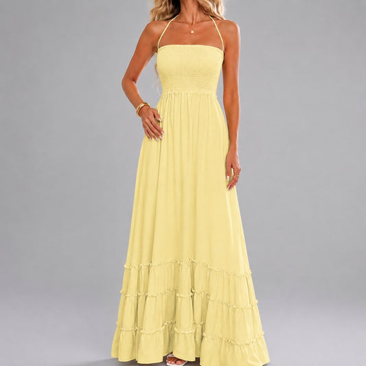 Robe Longue Fluide à Taille Smockée et Bretelles Fines