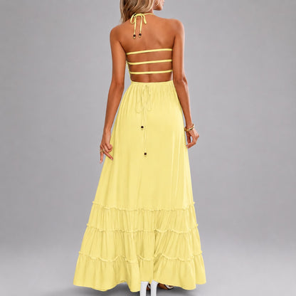 Robe Longue Fluide à Taille Smockée et Bretelles Fines