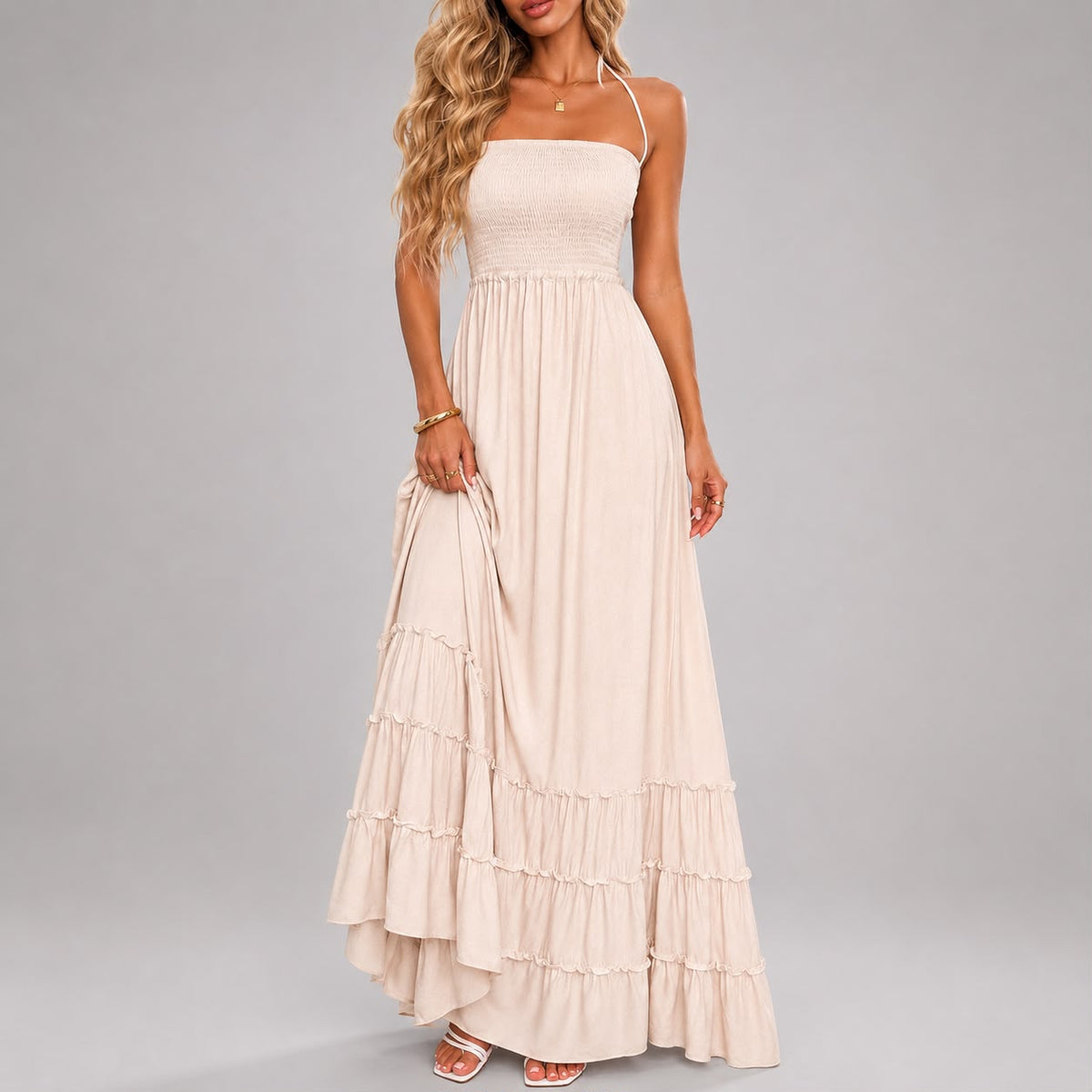 Robe Longue Fluide à Taille Smockée et Bretelles Fines