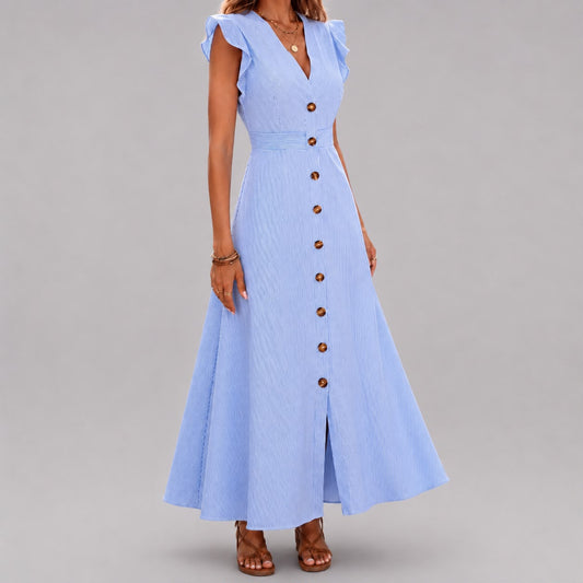 Robe Longue Élégance Boutonnée à Volants