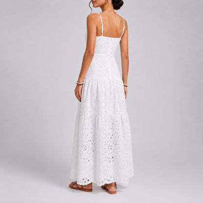 Robe Longue Brodée à Bretelles Fines