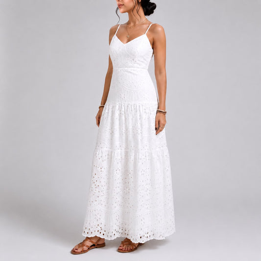 Robe Longue Brodée à Bretelles Fines
