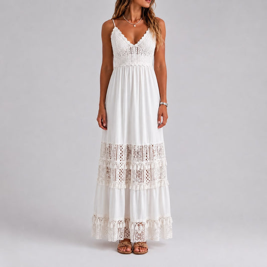 Robe Longue Bohème en Crochet et Dentelle à Bretelles Fines
