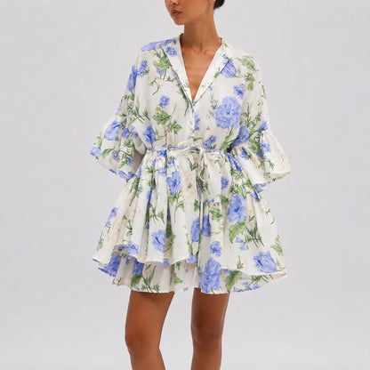 Robe Courte Fluide à Imprimé Floral avec Ceinture