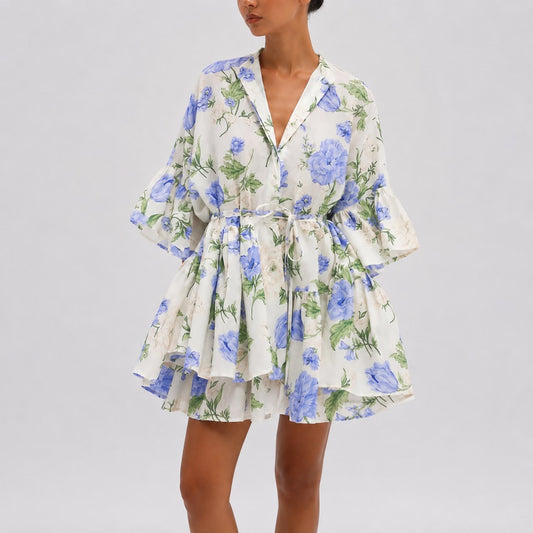 Robe Courte Fluide à Imprimé Floral avec Ceinture