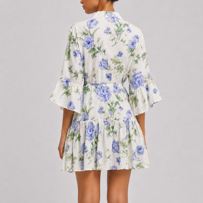 Robe Courte Fluide à Imprimé Floral avec Ceinture