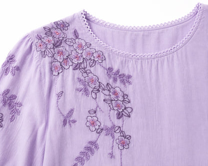 Blouse Brodée à Manches Courtes Col Rond