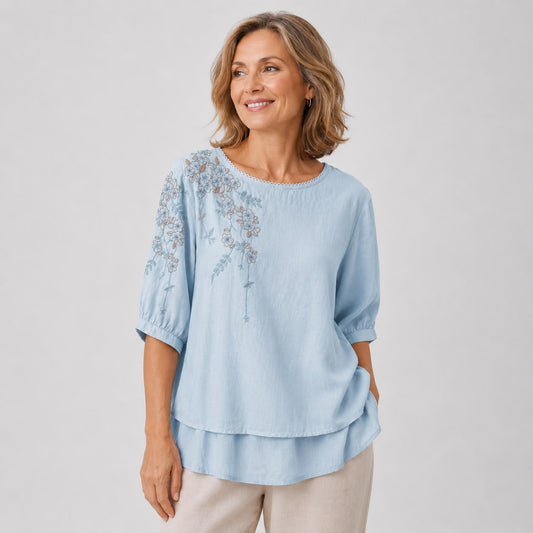 Blouse Brodée à Manches Courtes Col Rond
