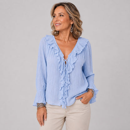 Blouse à Volants avec Col V et Manches Longues Évasées