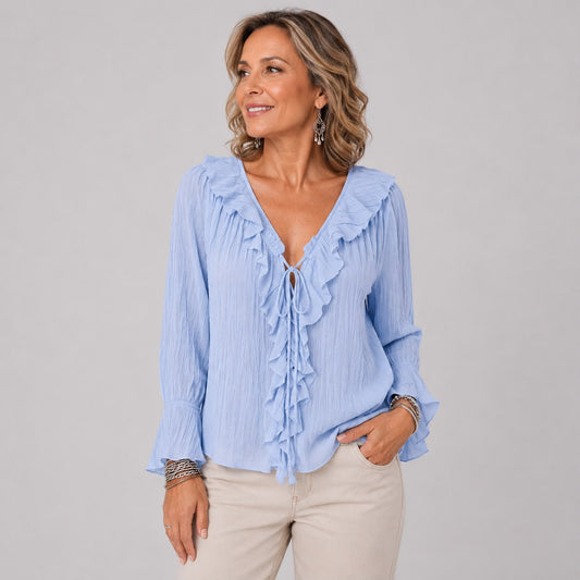 Blouse à Volants avec Col V et Manches Longues Évasées