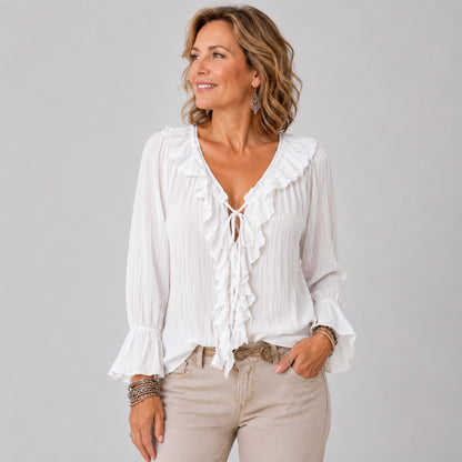 Blouse à Volants avec Col V et Manches Longues Évasées
