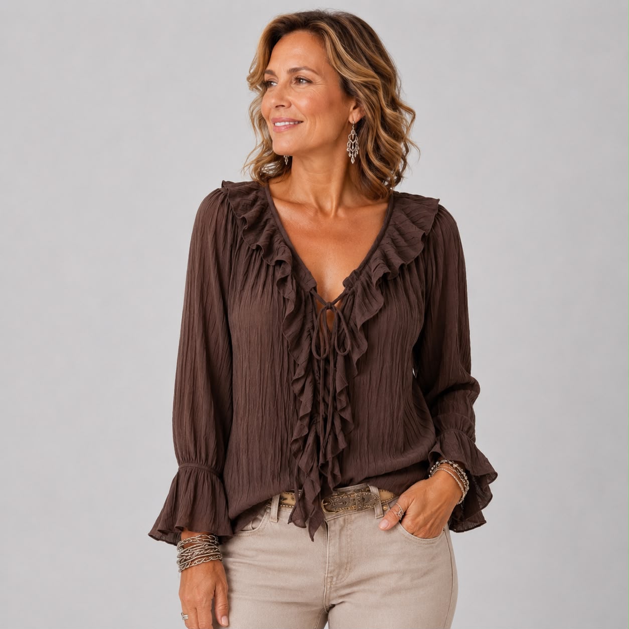 Blouse à Volants avec Col V et Manches Longues Évasées
