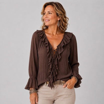 Blouse à Volants avec Col V et Manches Longues Évasées