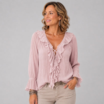 Blouse à Volants avec Col V et Manches Longues Évasées