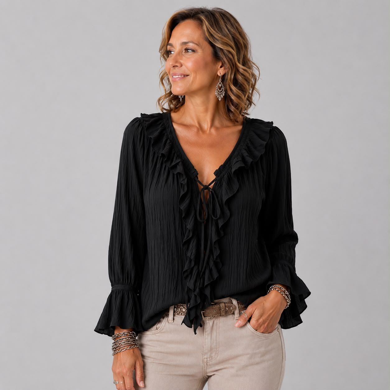 Blouse à Volants avec Col V et Manches Longues Évasées
