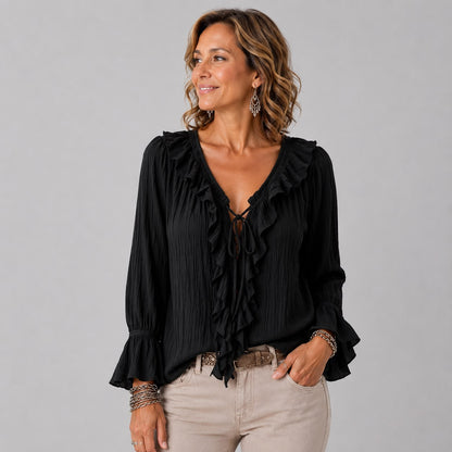 Blouse à Volants avec Col V et Manches Longues Évasées