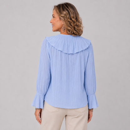 Blouse à Volants avec Col V et Manches Longues Évasées