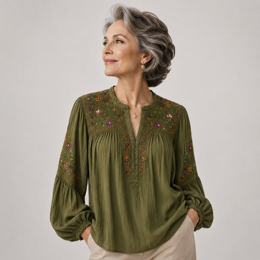 Blouse Bohème Brodée à Col V