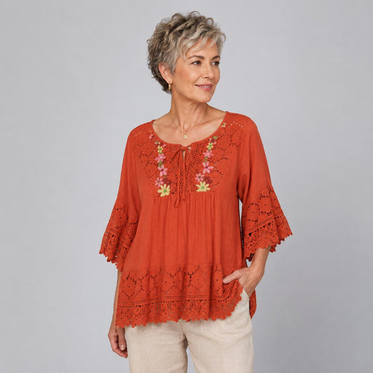 Blouse Brodée en Dentelle à Col Rond