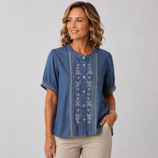 Blouse en Denim Brodé à Manches Courtes