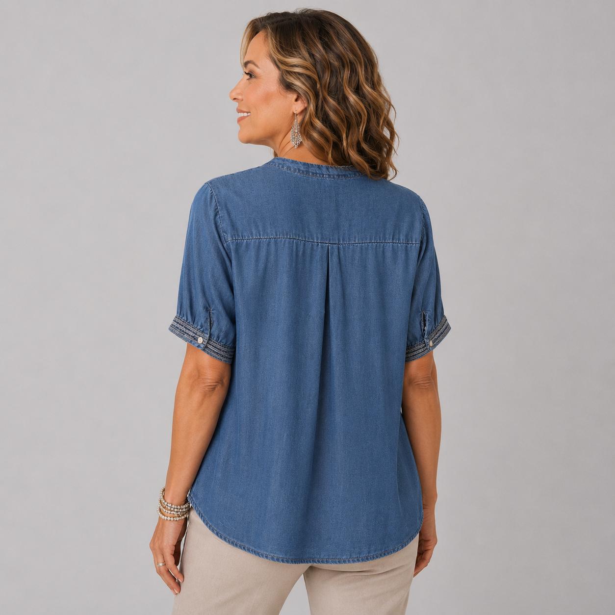 Blouse en Denim Brodé à Manches Courtes