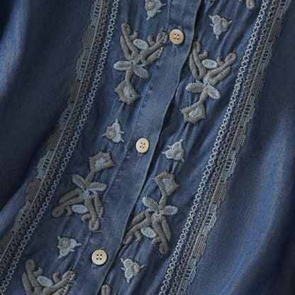 Blouse en Denim Brodé à Manches Courtes