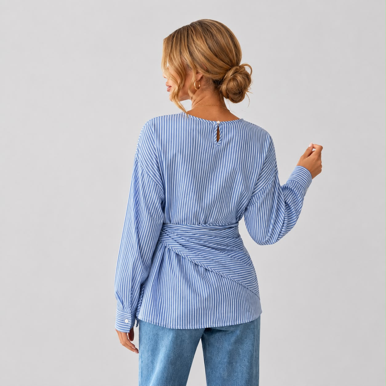 Blouse Rayée à Taille Nouée et Manches Longues