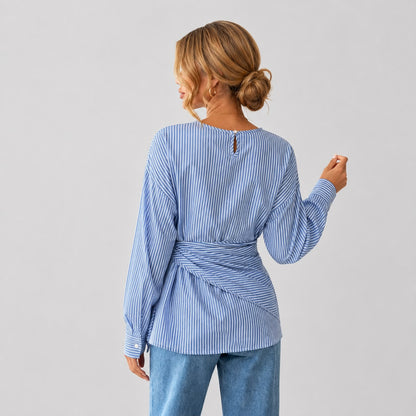 Blouse Rayée à Taille Nouée et Manches Longues