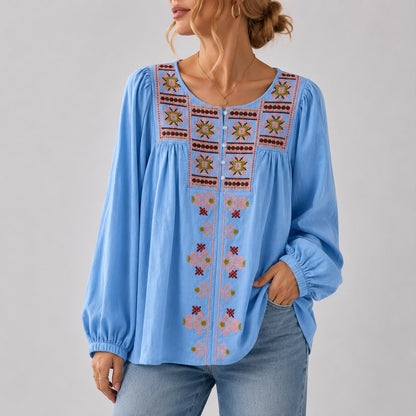 Blouse Brodée à Col Rond