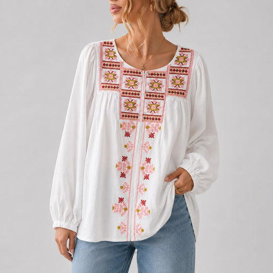 Blouse Brodée à Col Rond