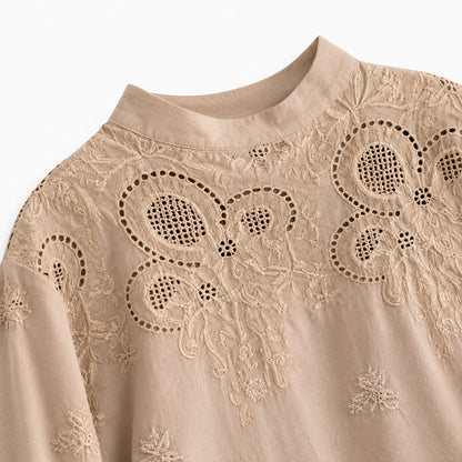 Blouse Brodée à Col Mao