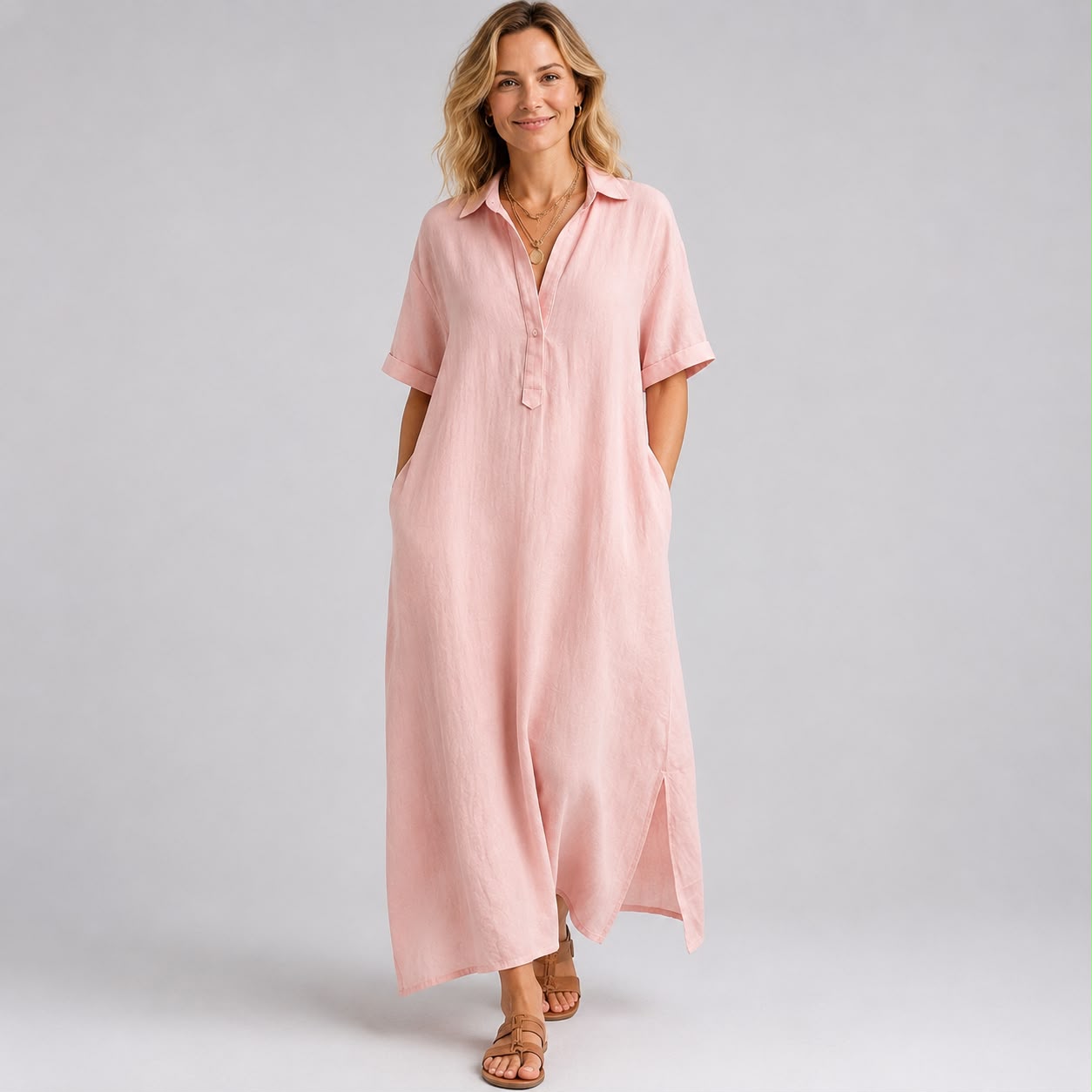 Robe Chemise Longue à Manches Courtes