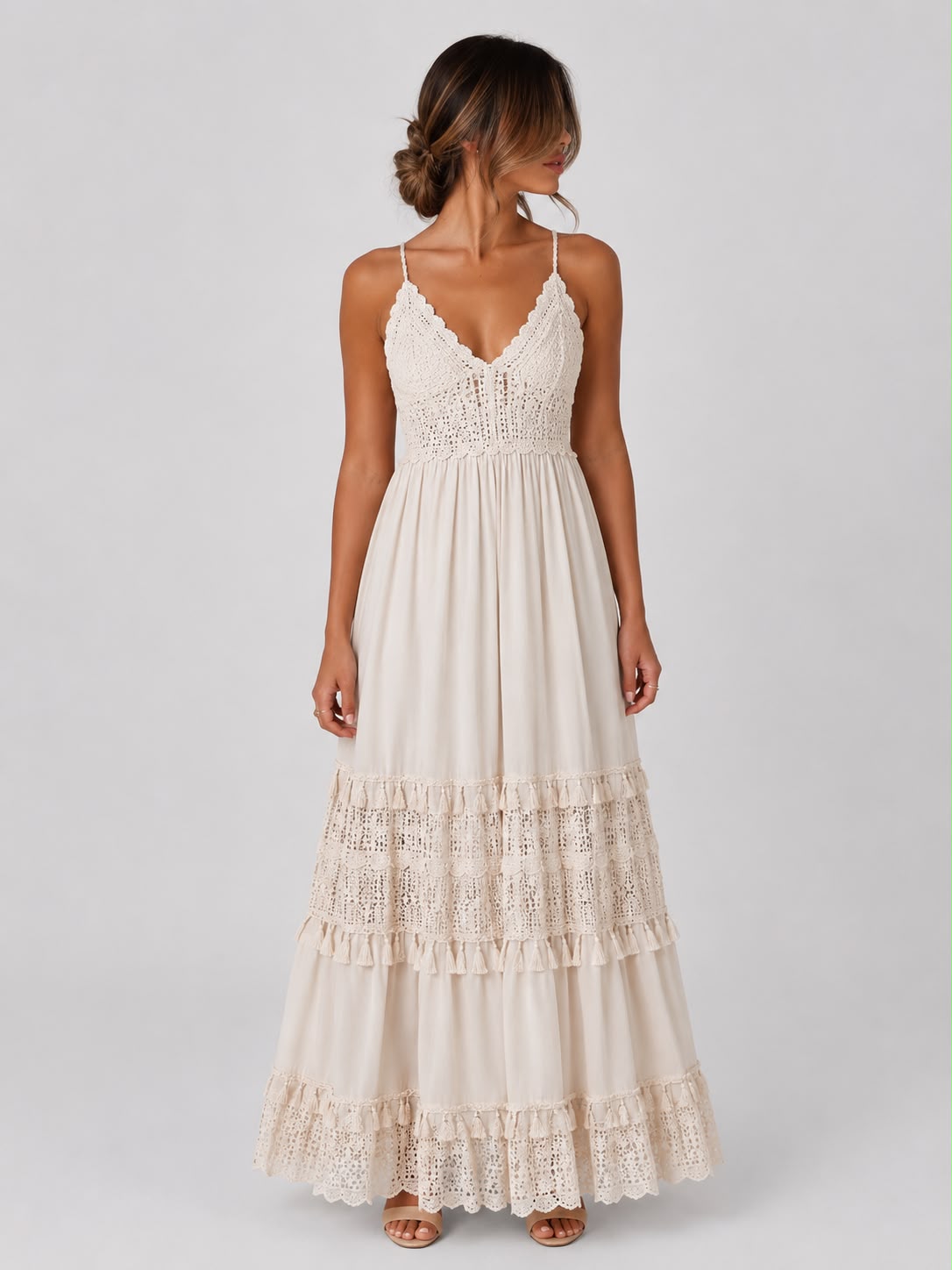 Robe Longue Bohème en Crochet et Dentelle à Bretelles Fines