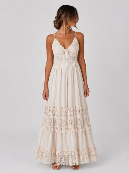 Robe Longue Bohème en Crochet et Dentelle à Bretelles Fines