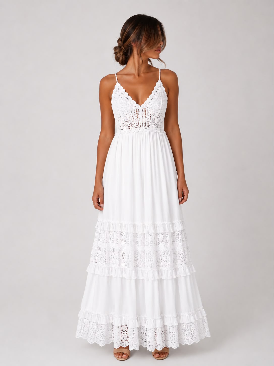 Robe Longue Bohème en Crochet et Dentelle à Bretelles Fines
